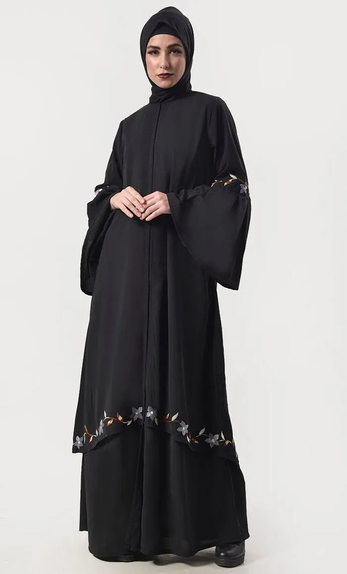 Beautiful Embroidered Double Layered  Black Abaya