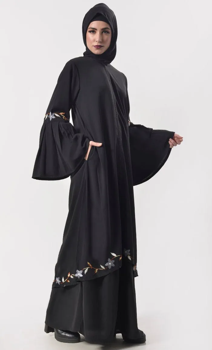 Beautiful Embroidered Double Layered  Black Abaya