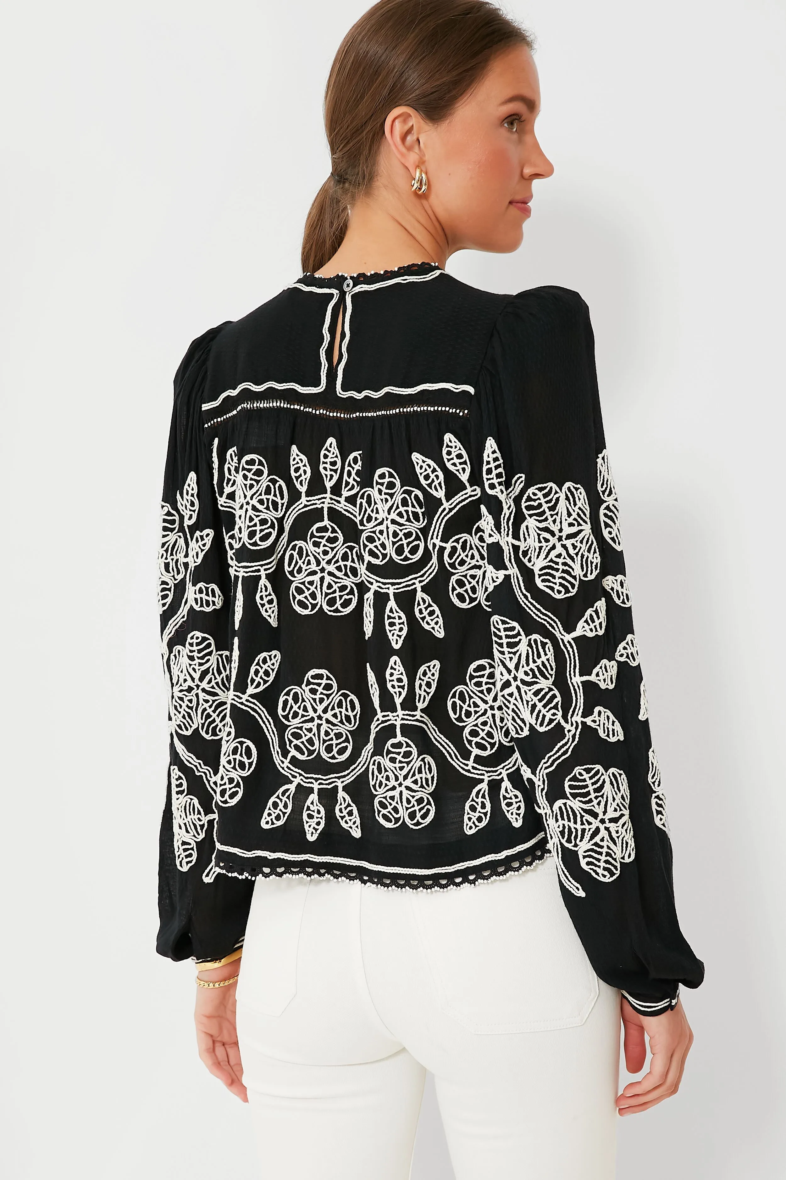 Black Beck Embroidery Long Sleeve Top