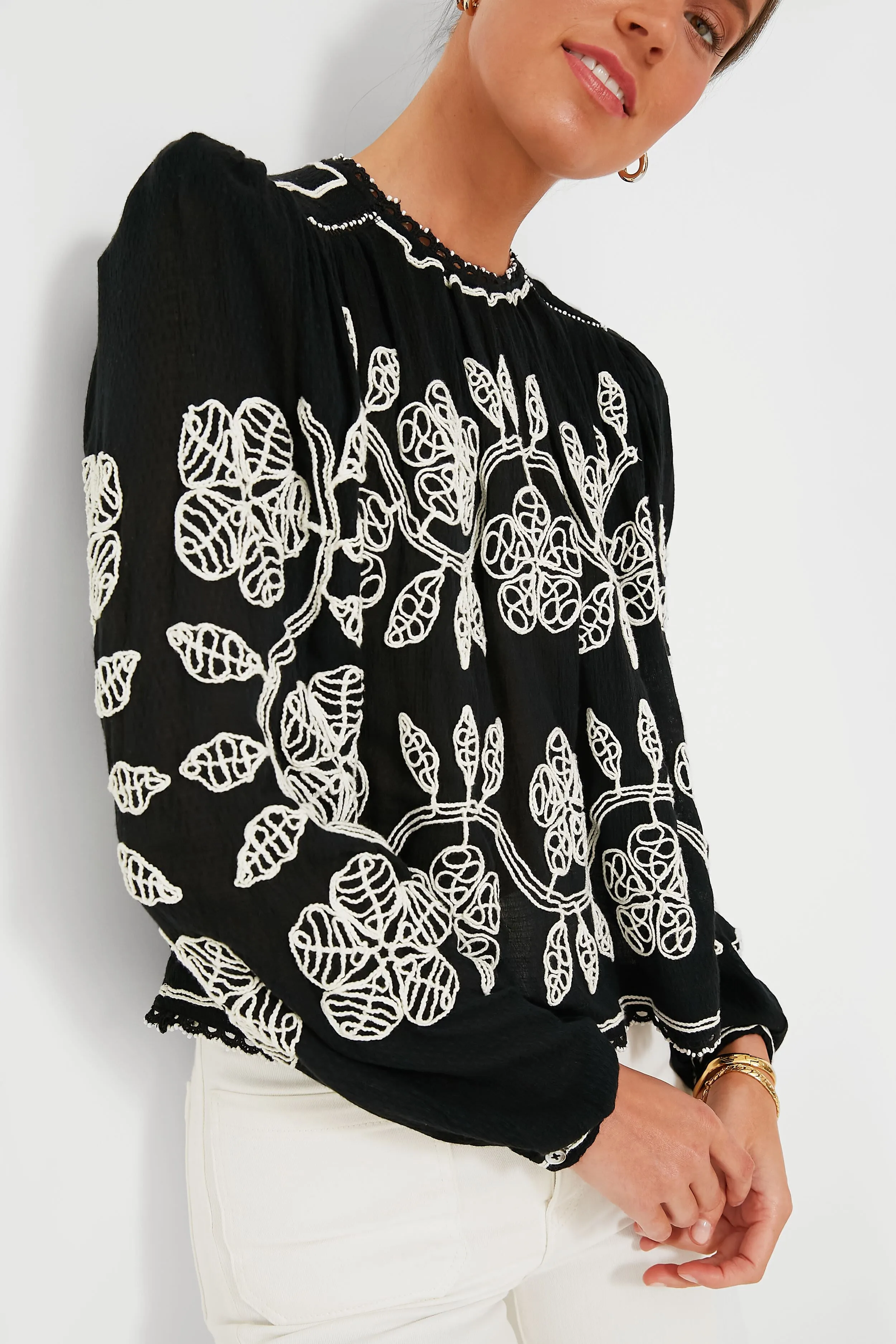 Black Beck Embroidery Long Sleeve Top