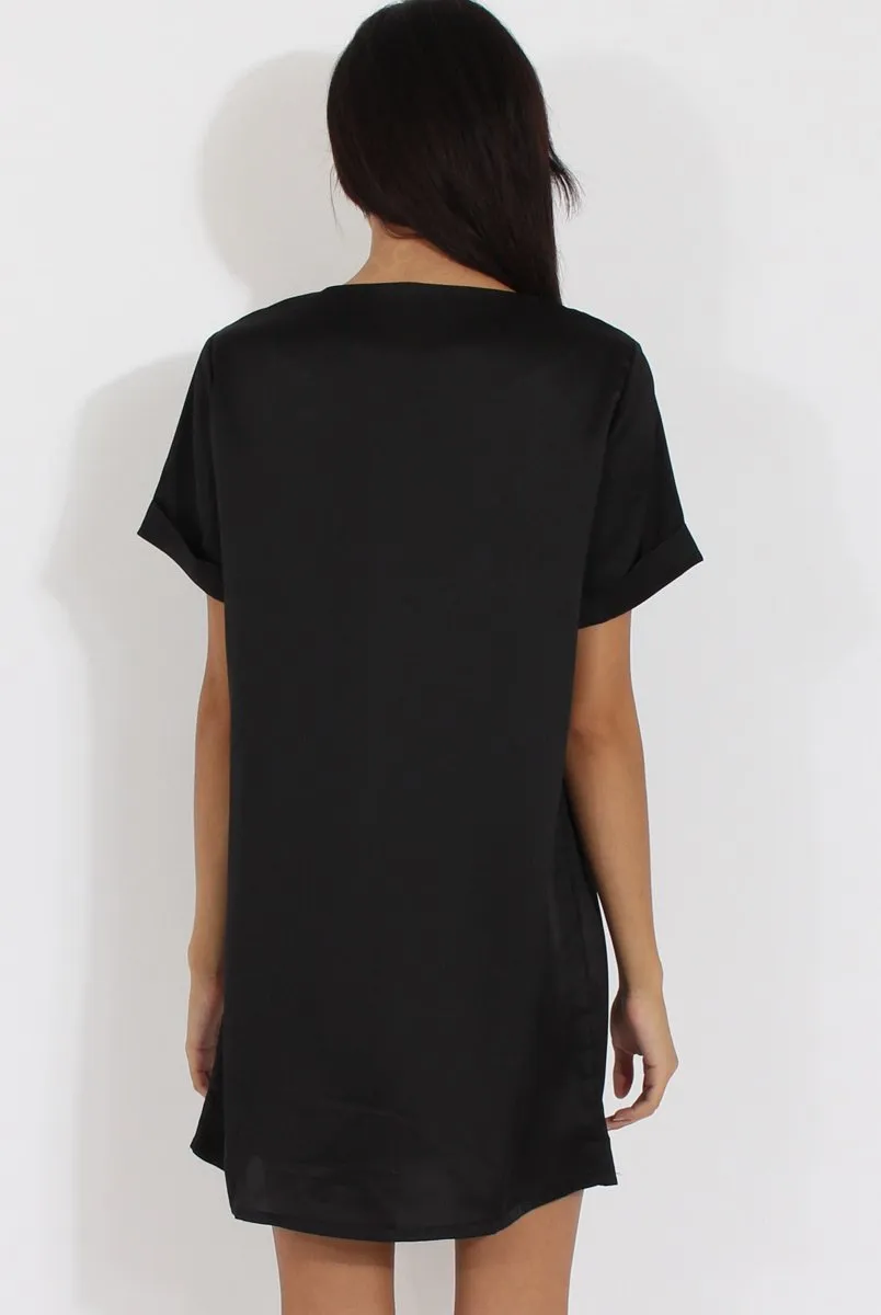 Black Satin Zip Tee Dress - Valeria