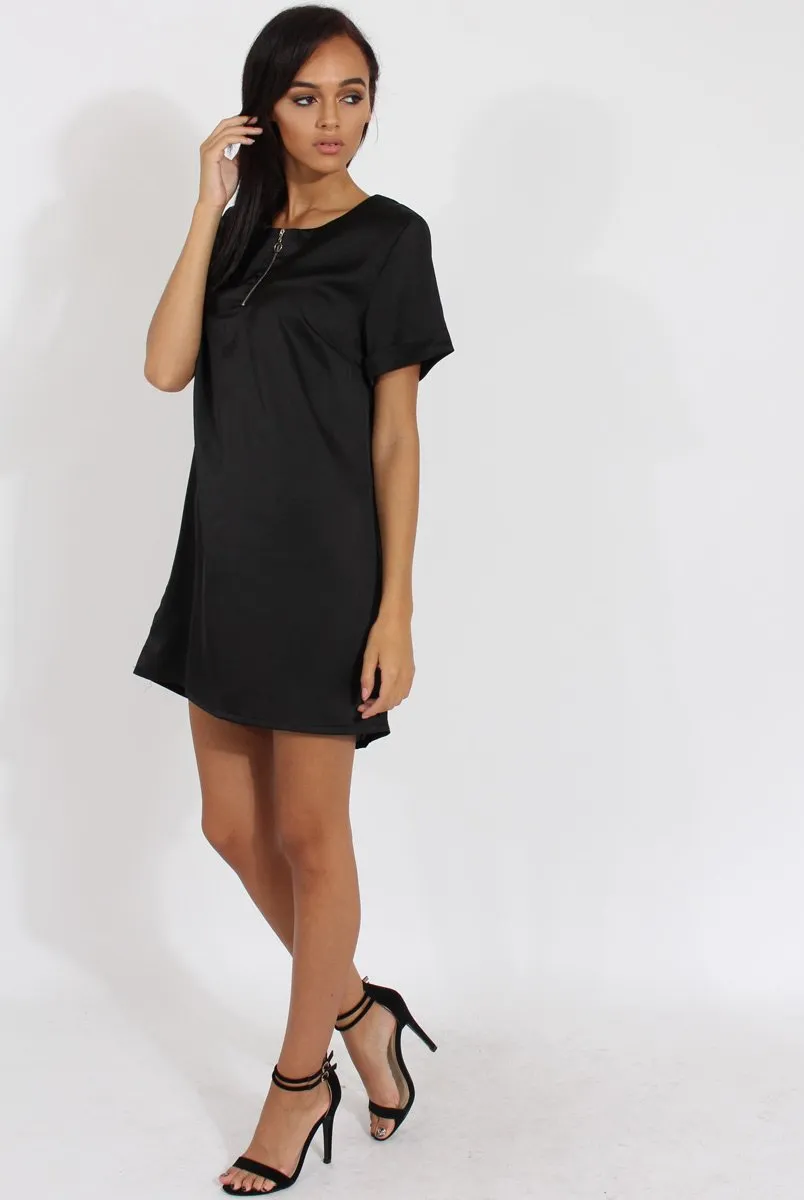 Black Satin Zip Tee Dress - Valeria