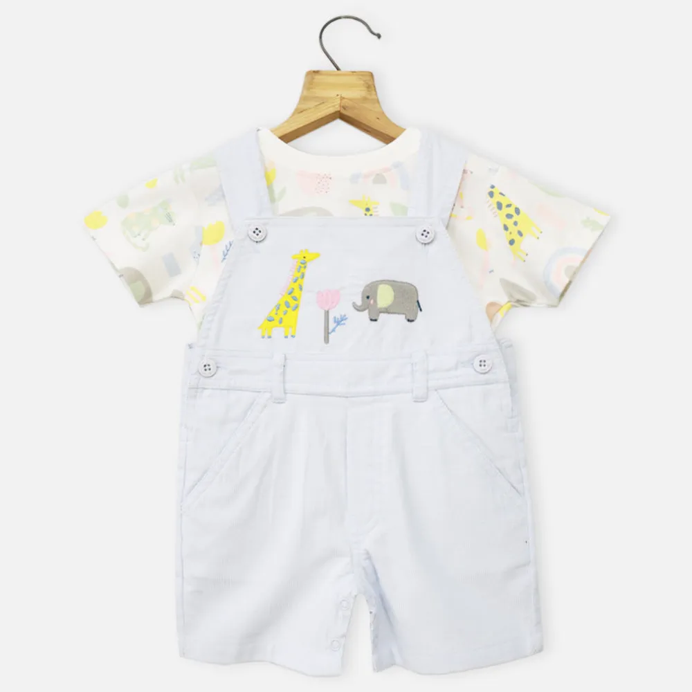 Blue Embroidered Corduroy Dungaree With White T-Shirt