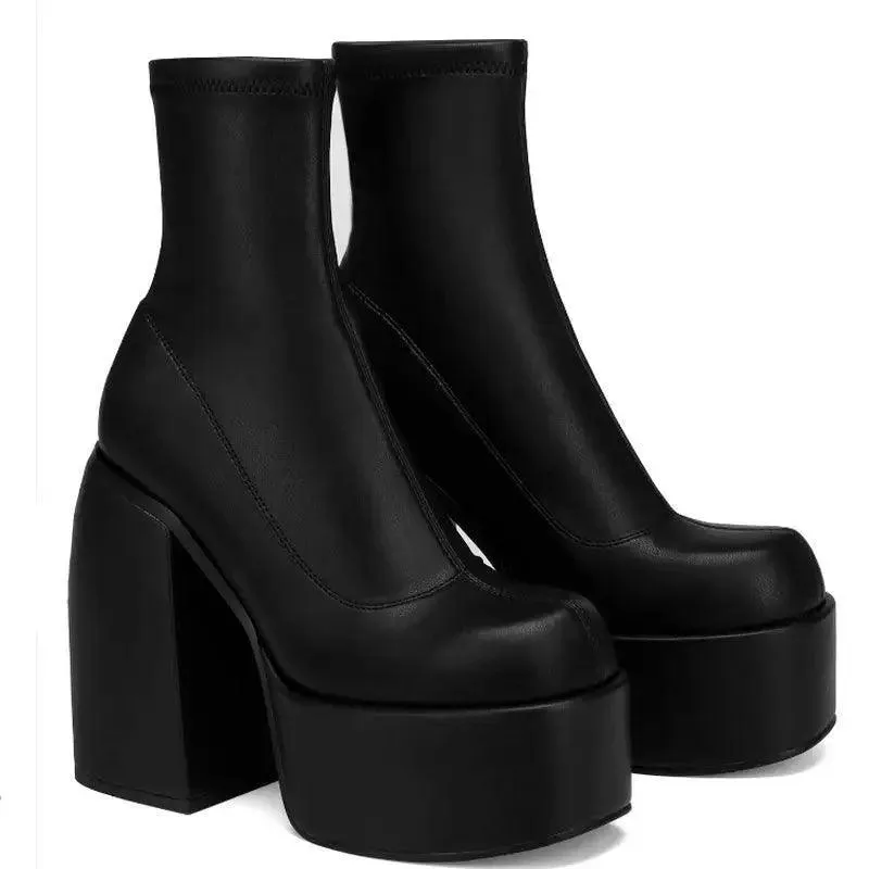 Chunky Boots Fashion High Heel Shoes With Side Zipper Women