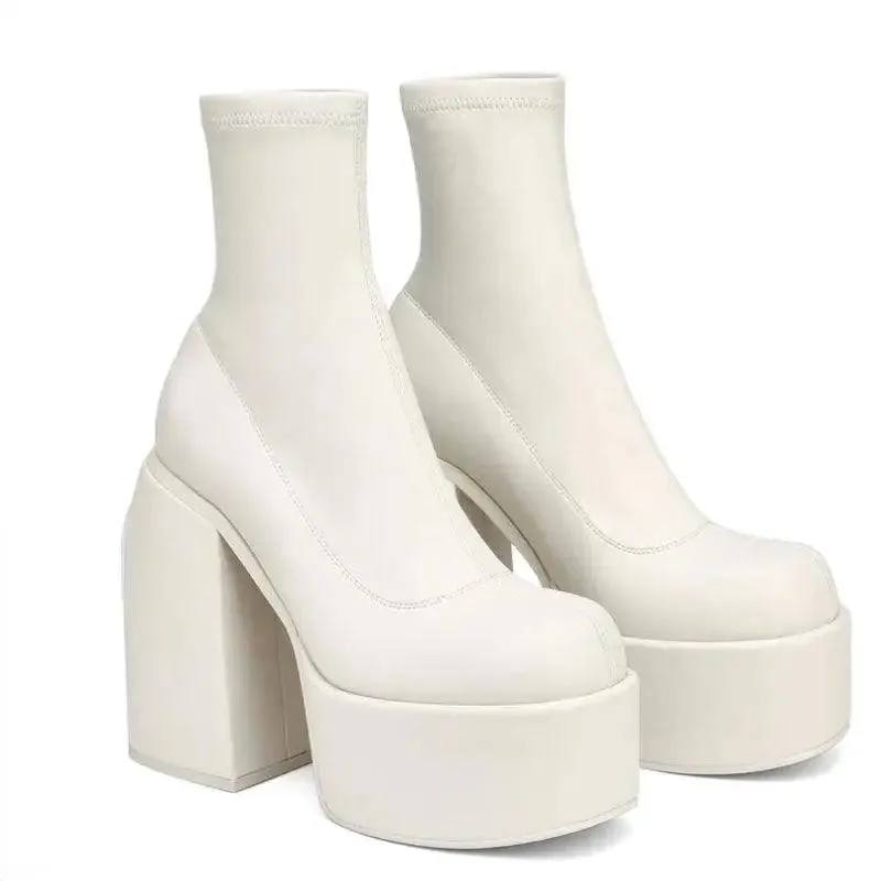 Chunky Boots Fashion High Heel Shoes With Side Zipper Women