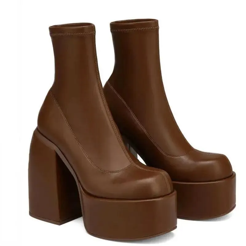 Chunky Boots Fashion High Heel Shoes With Side Zipper Women