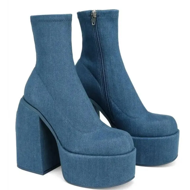 Chunky Boots Fashion High Heel Shoes With Side Zipper Women