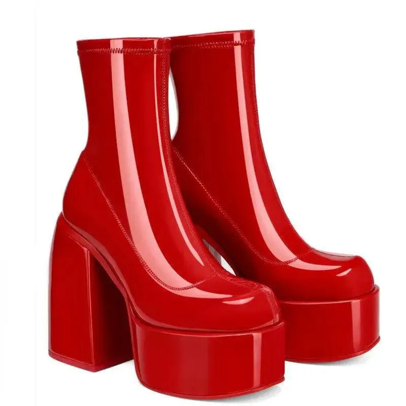 Chunky Boots Fashion High Heel Shoes With Side Zipper Women