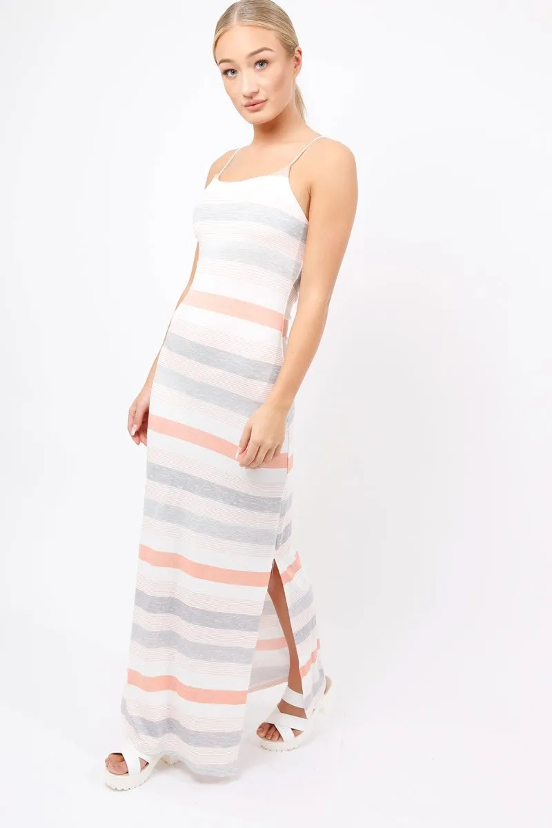 Coral & Grey Striped Maxi Dress - Kiah