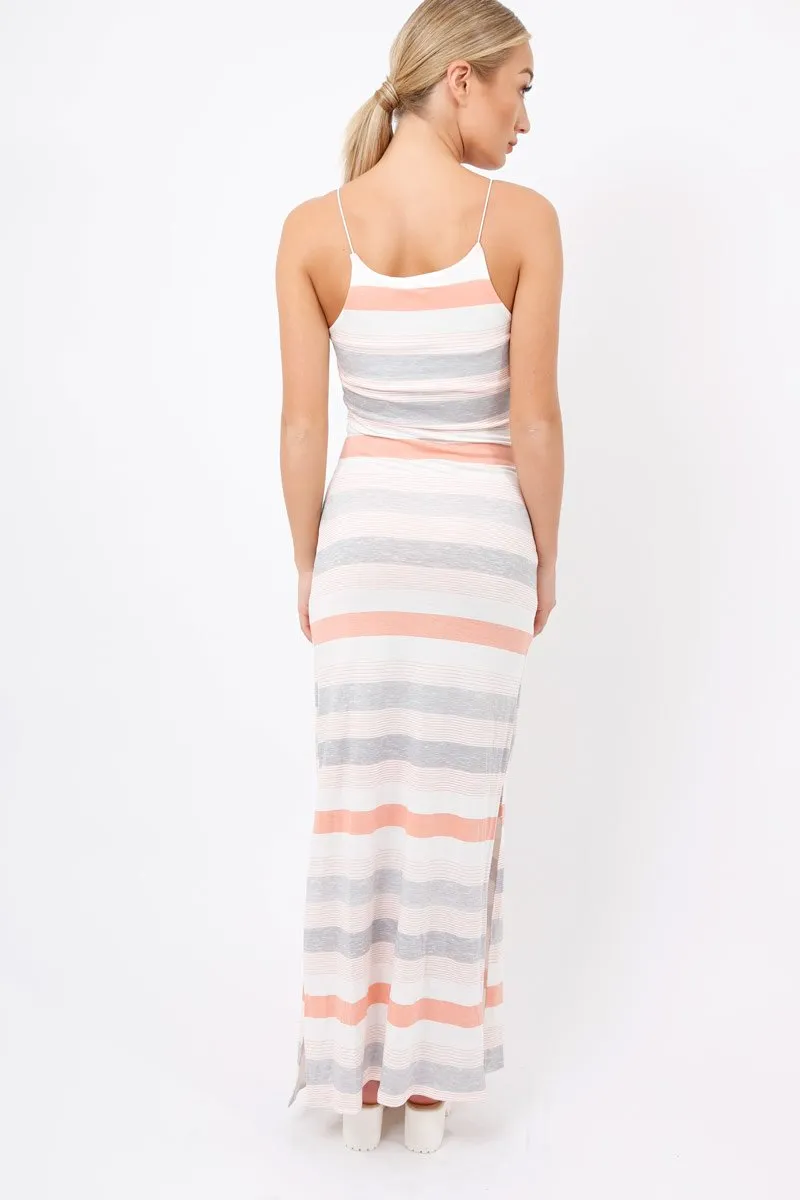 Coral & Grey Striped Maxi Dress - Kiah