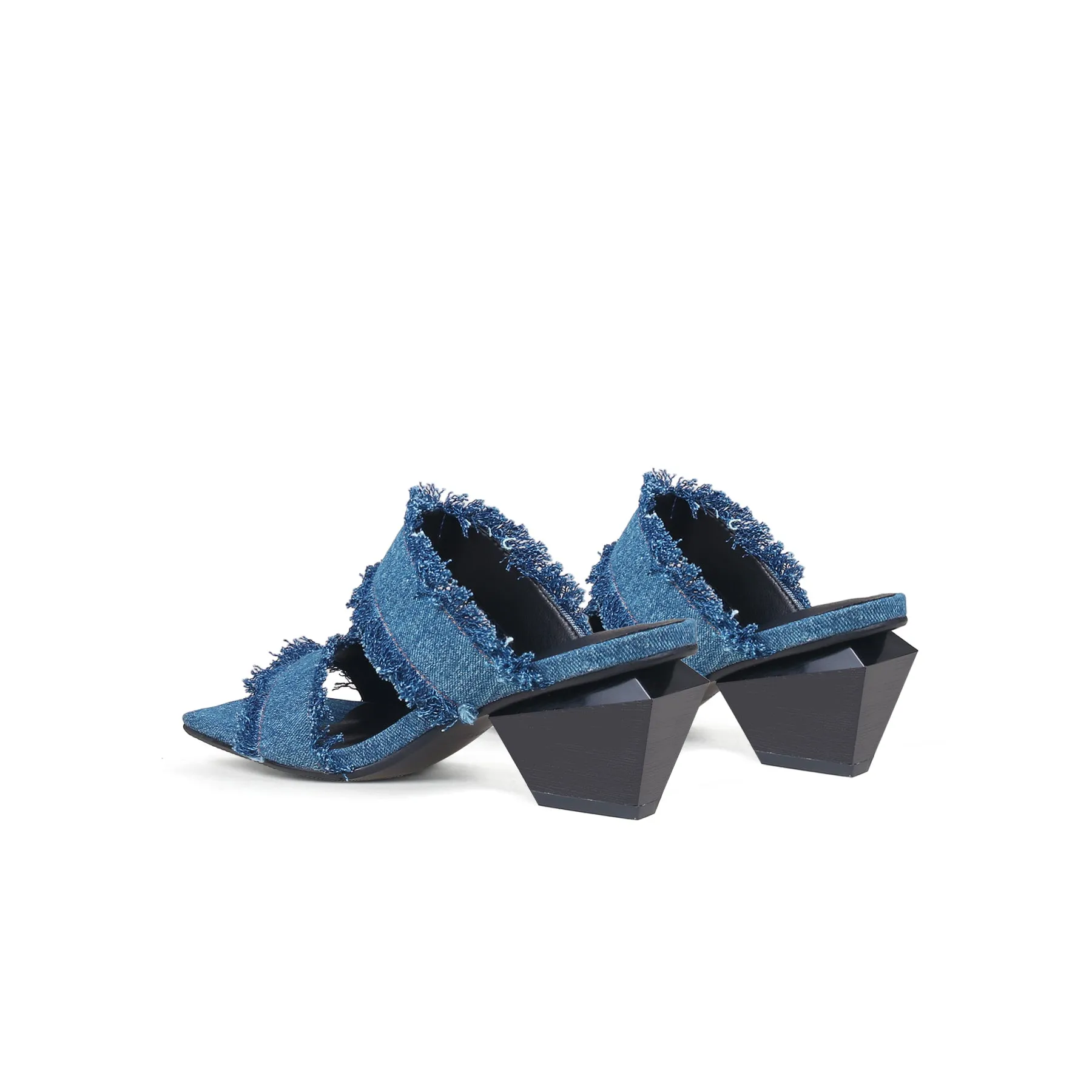 Double Strap Fringed Denim Square Toe Mules