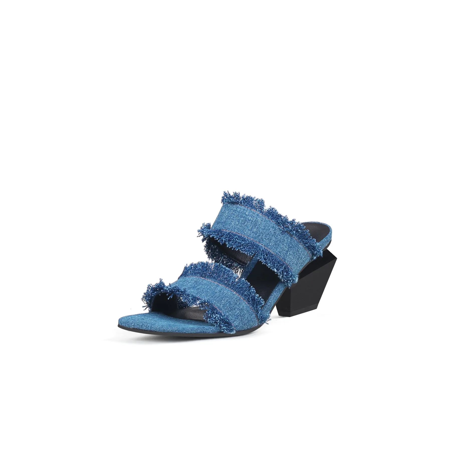 Double Strap Fringed Denim Square Toe Mules