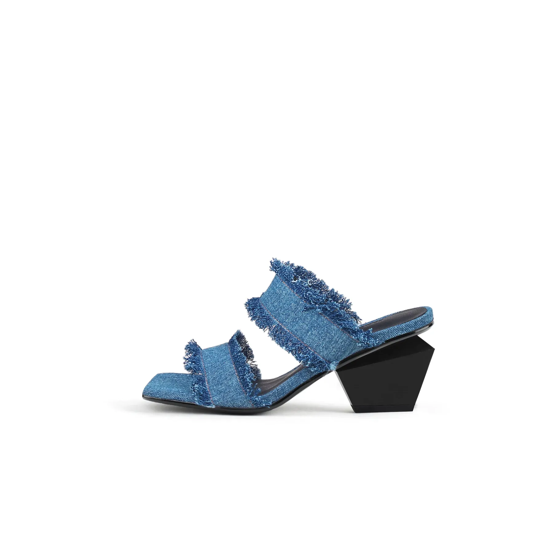 Double Strap Fringed Denim Square Toe Mules