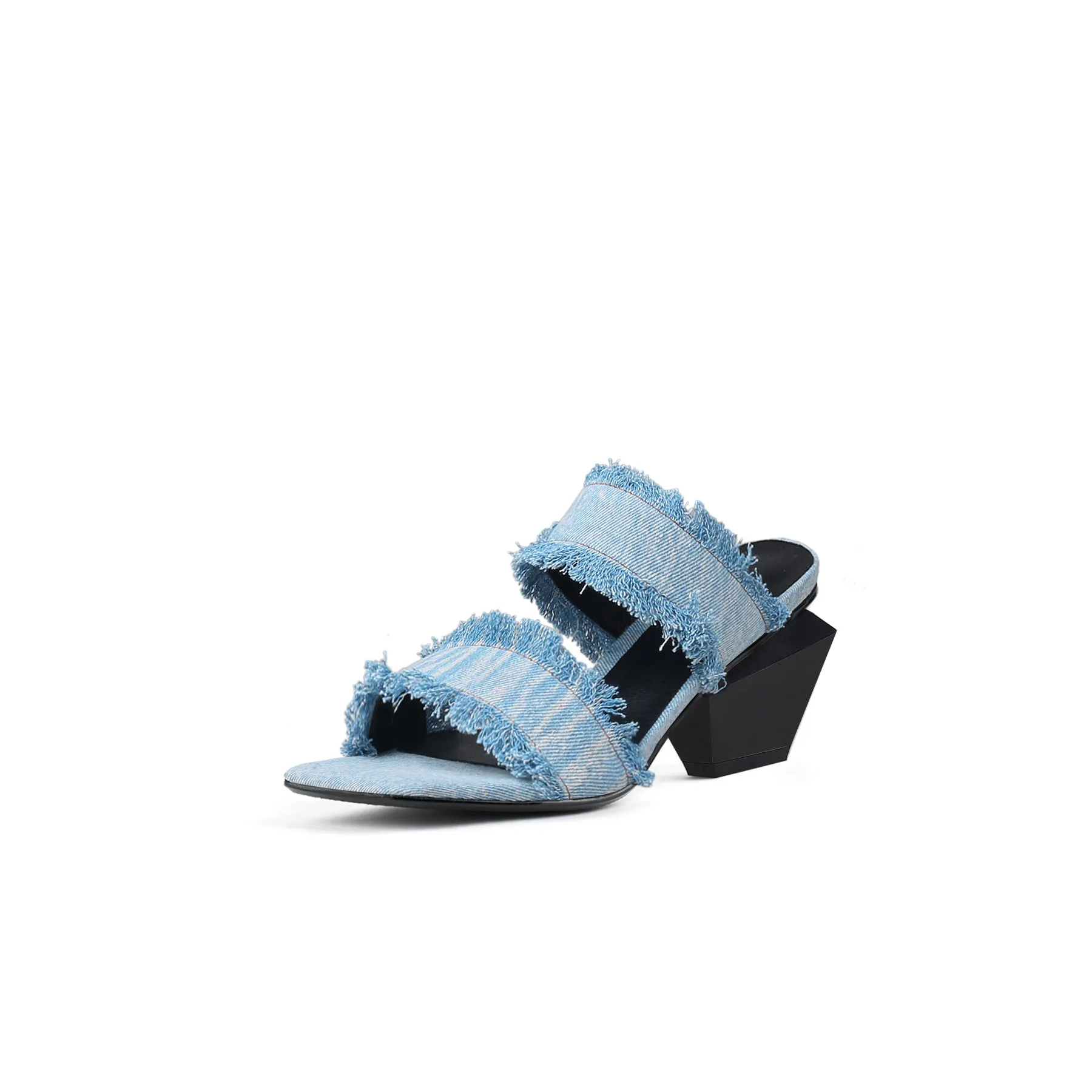 Double Strap Fringed Denim Square Toe Mules