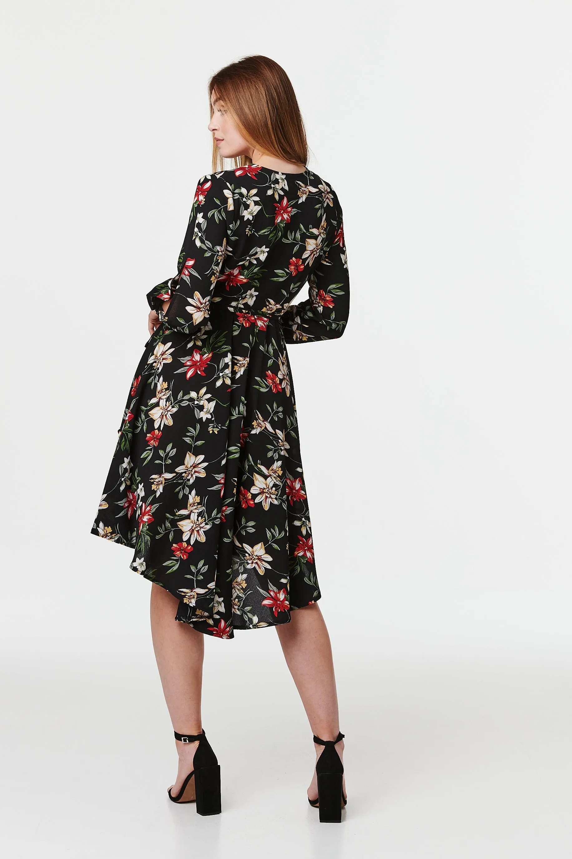 Floral Long Sleeve Wrap Front Dress