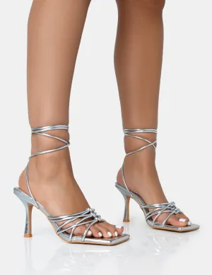 Keri Silver Metallic PU Strappy Lace Up Mid Heels