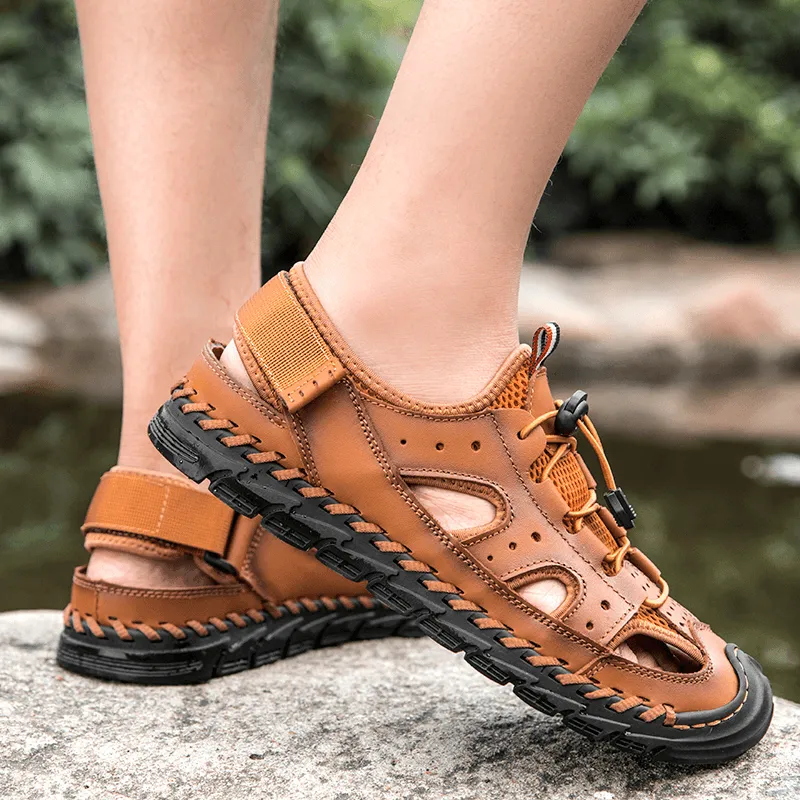 kkboxly kkboxly Men Cowhide Leather Breathable Mesh Hand Stitching Non Slip Soft Casual Outdoor Sandals