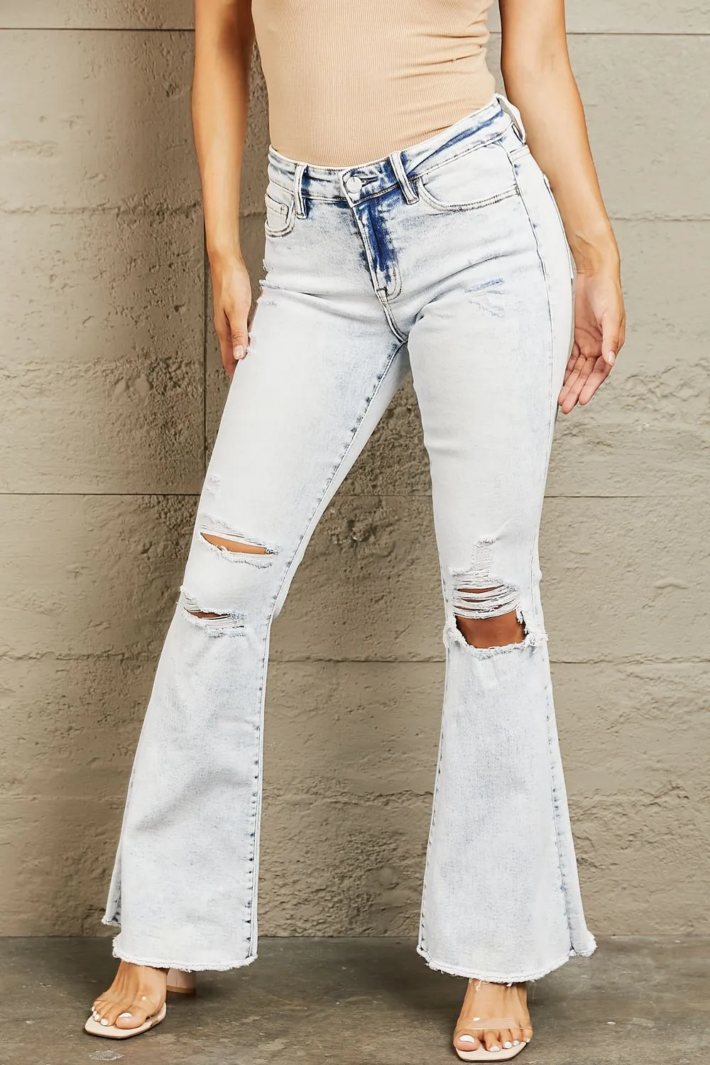 Mid Rise Acid Wash Distressed Jeans