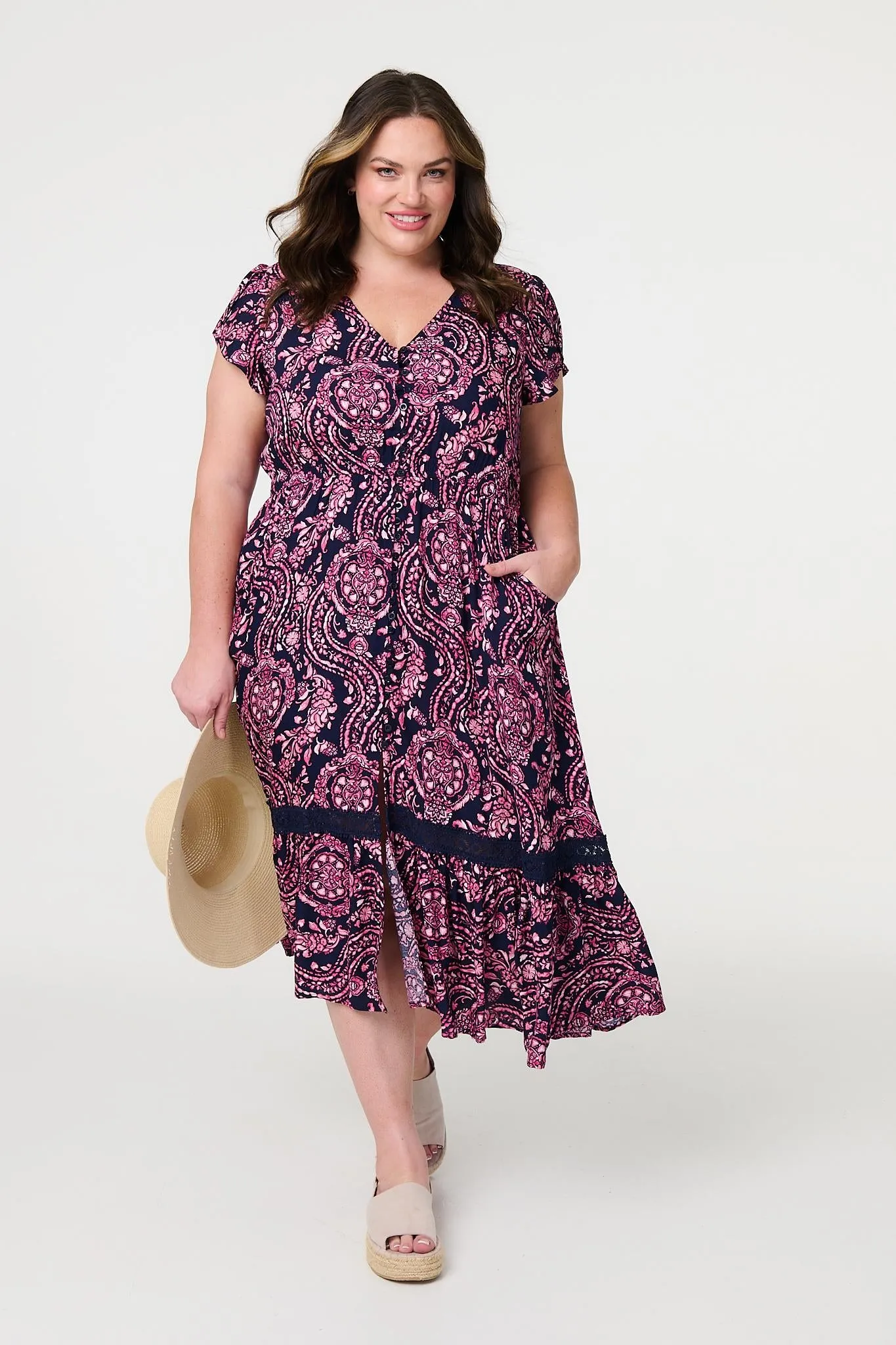 Printed Short Sleeve Lace Trim Maxi Dress