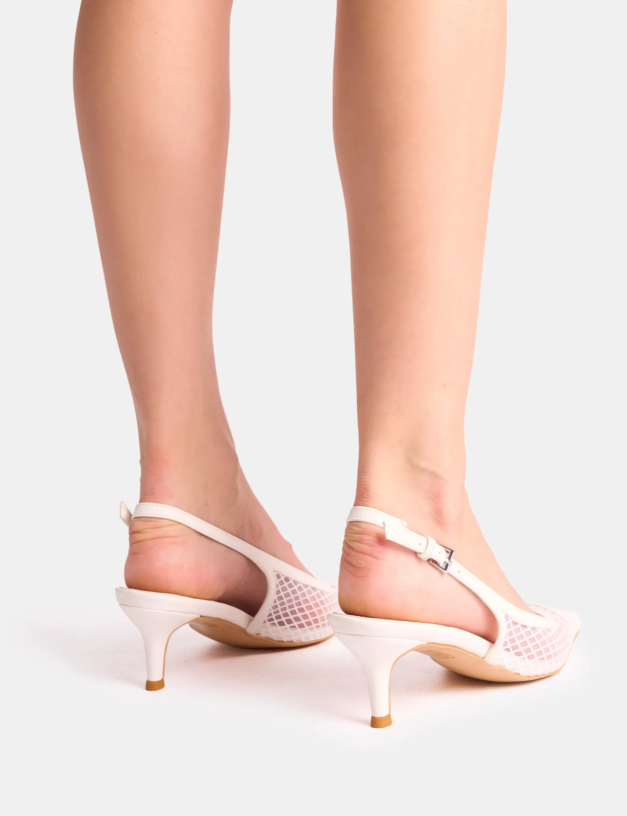 Roue White Mesh Detail Slingback Mid Court Heels