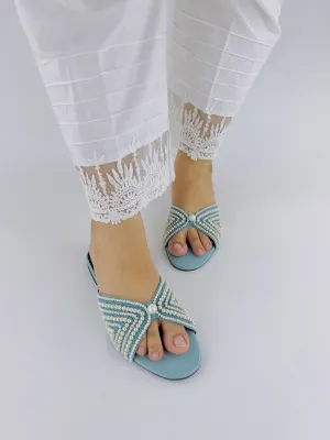 Spunkz Ferozi Open Toe Hand Embroidery Pearls Decor Flat Slides 0008-Blu