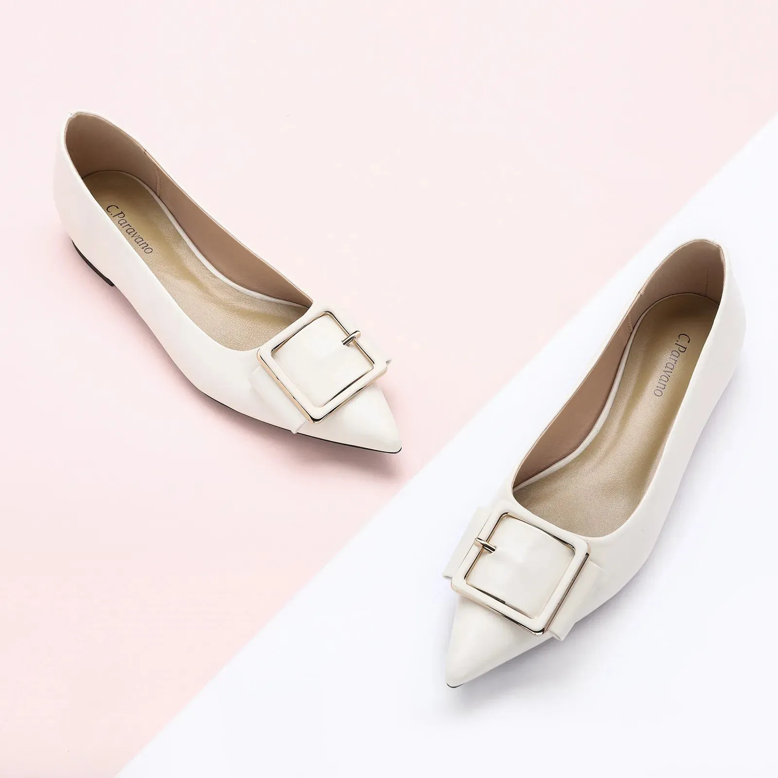 Square Buckle Flats (Aida) White