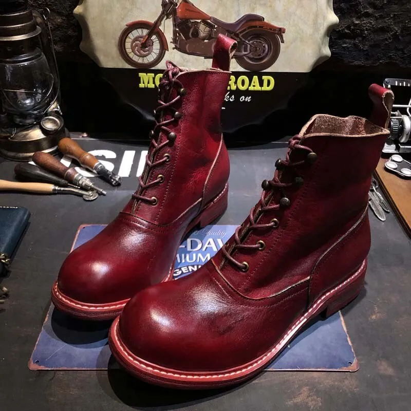 TEEK - Handmade Mens Red Wine Round Toe Vintage Boots