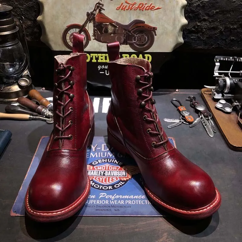 TEEK - Handmade Mens Red Wine Round Toe Vintage Boots