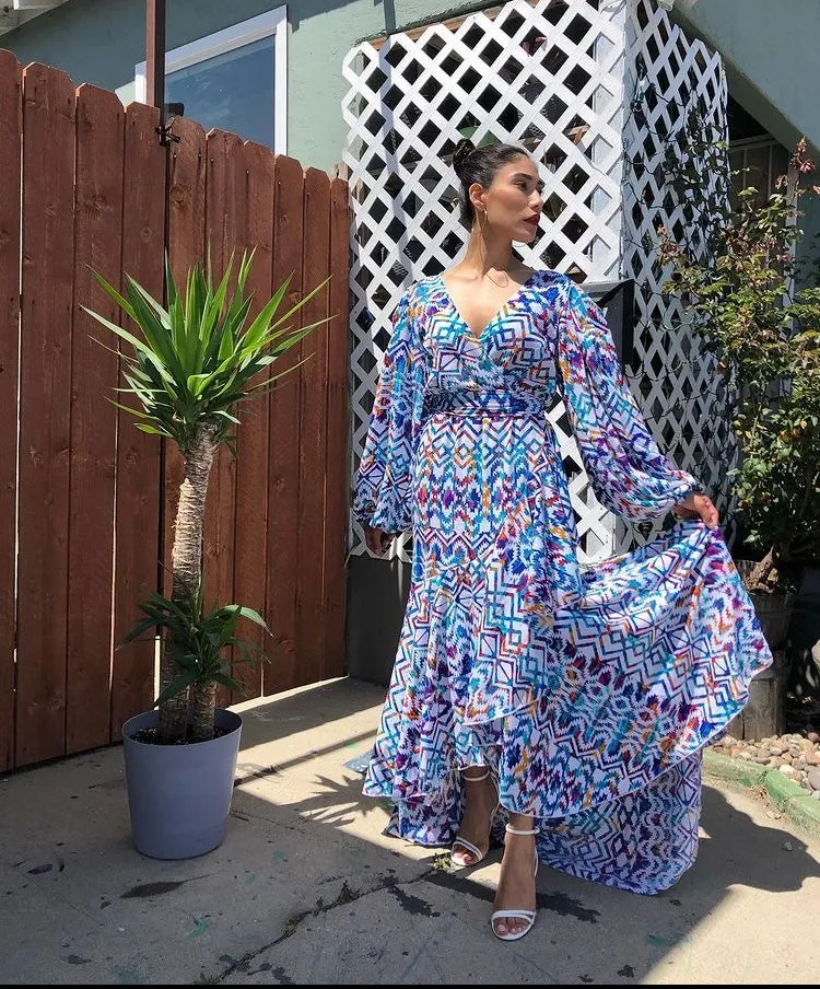 Tropical/Boho Print Deep V Belted Warp Maxi Dress