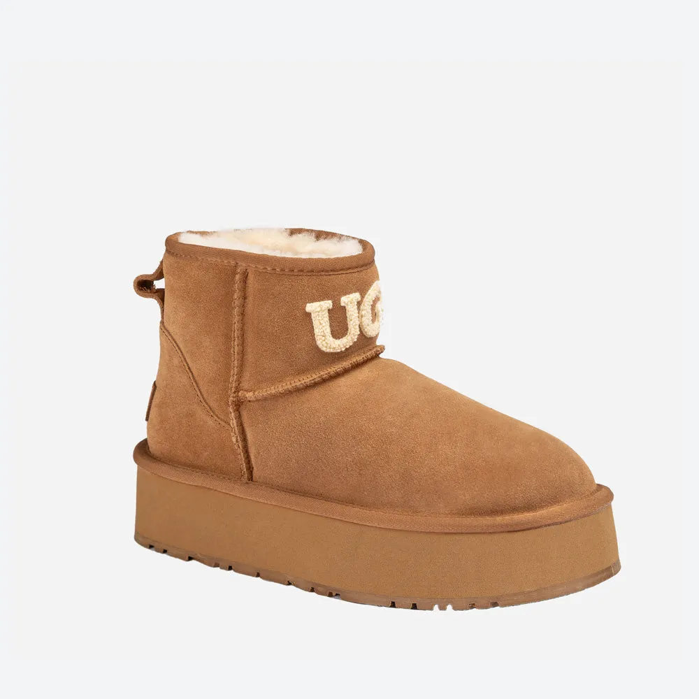 Ugg Classic Platform Knit Logo Mini Boots (Water Resistant)(4cm)