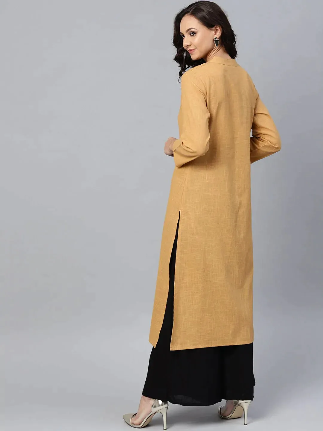 Women Beige Cotton Straight Kurta With Pintucks