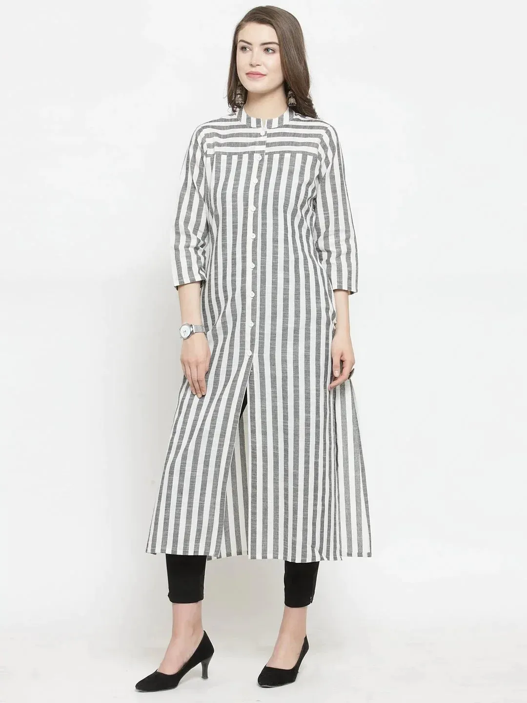 Women Grey & Off-White Striped Cotton Straight Kurta