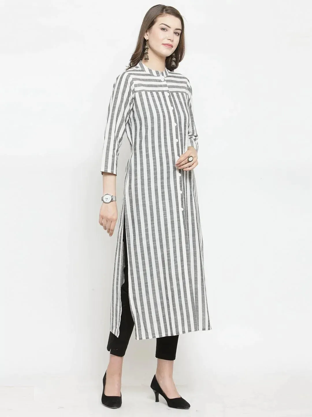 Women Grey & Off-White Striped Cotton Straight Kurta