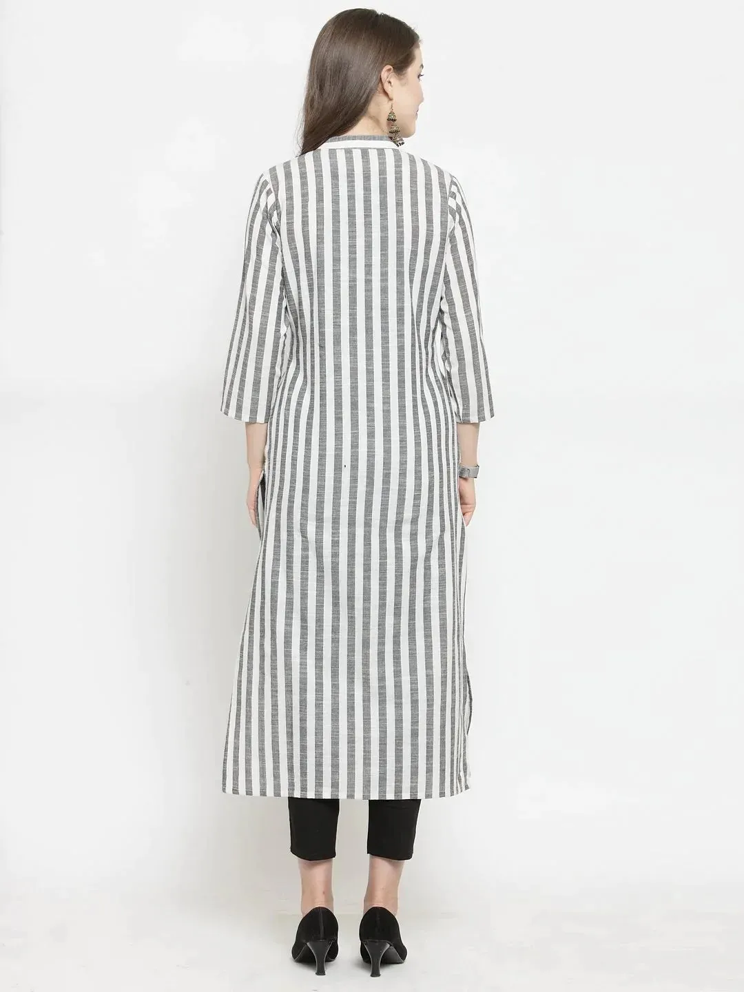 Women Grey & Off-White Striped Cotton Straight Kurta