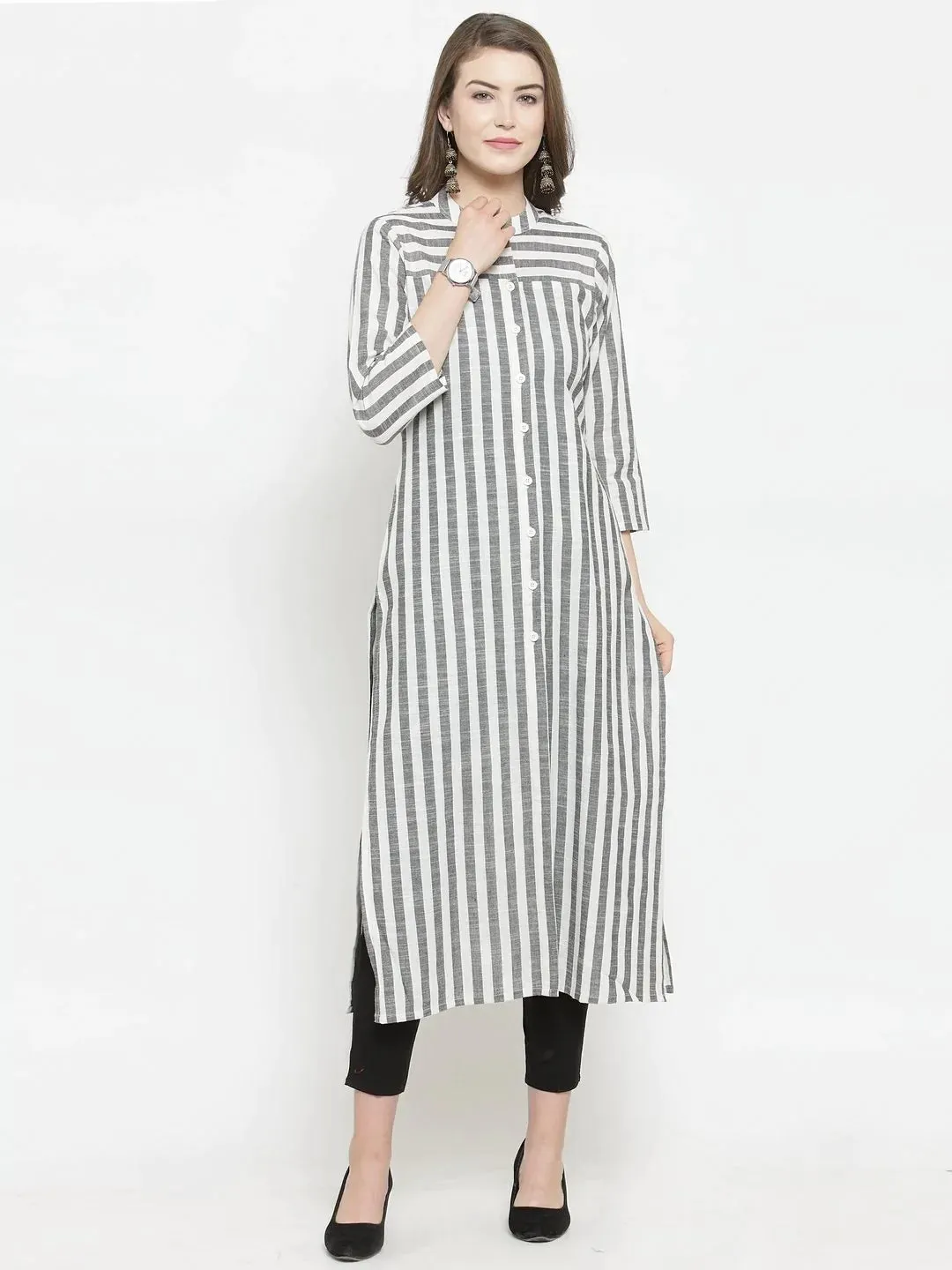 Women Grey & Off-White Striped Cotton Straight Kurta