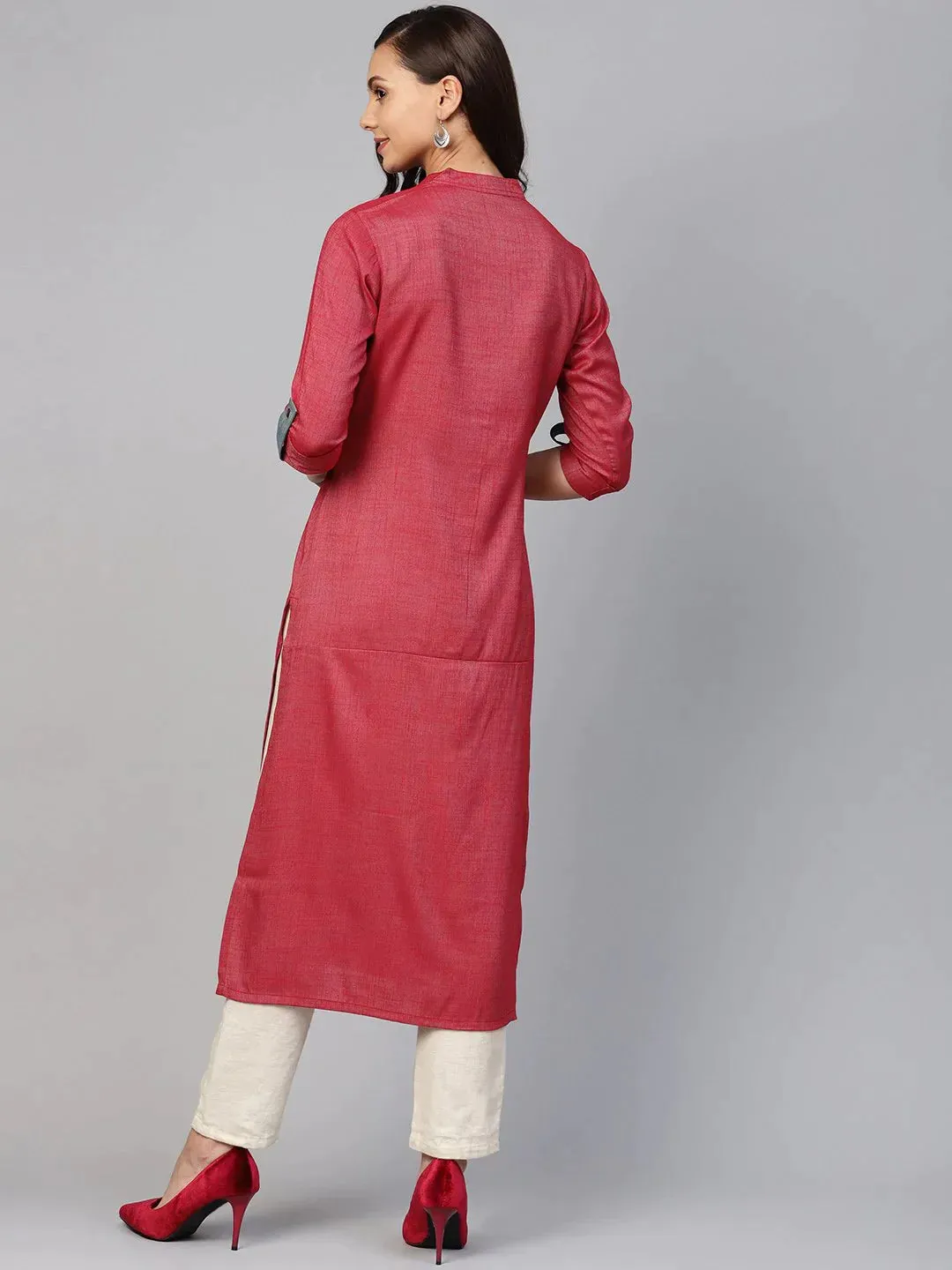 Women Maroon Woven Design Straight Rayon Kurta