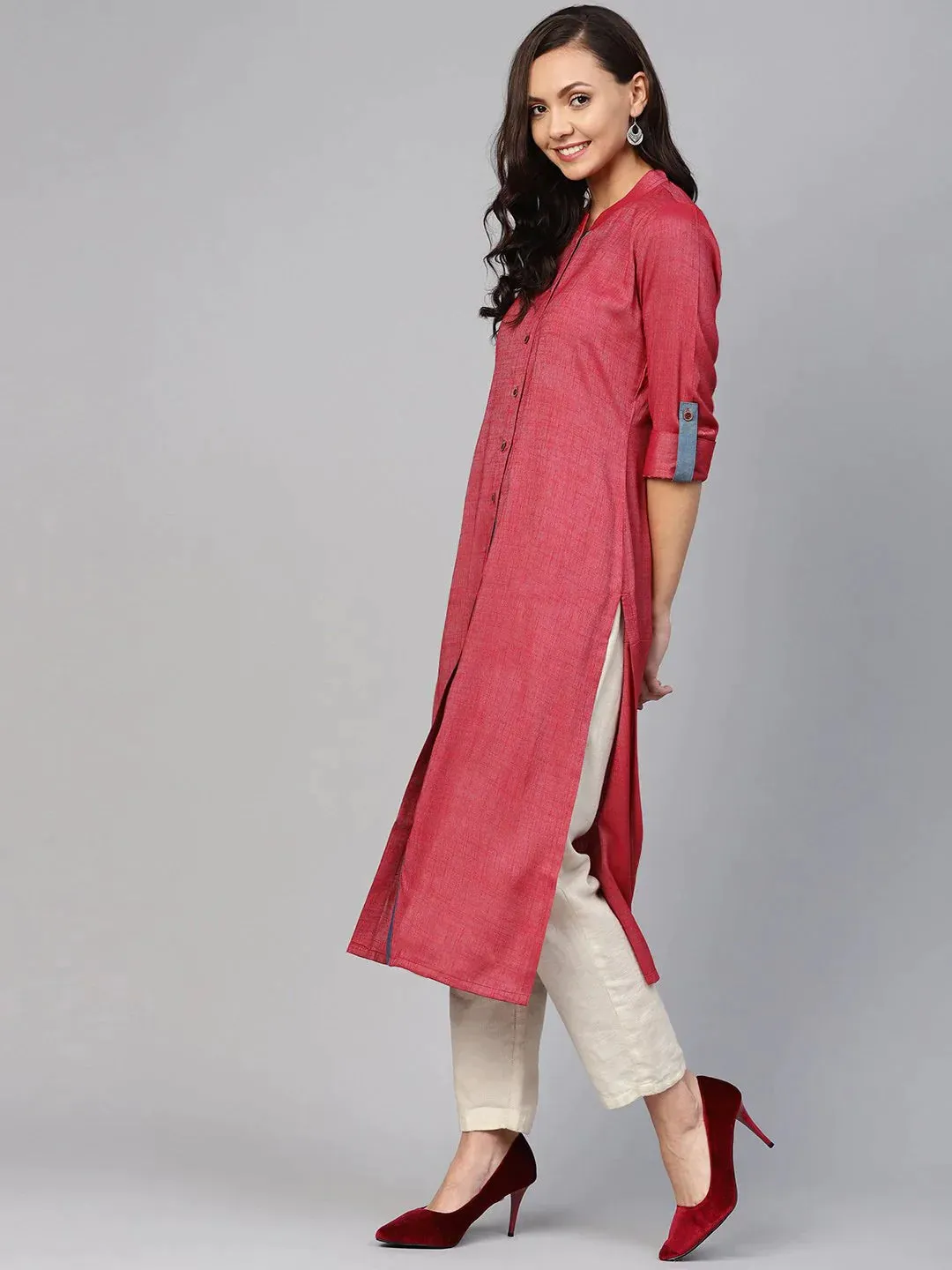 Women Maroon Woven Design Straight Rayon Kurta