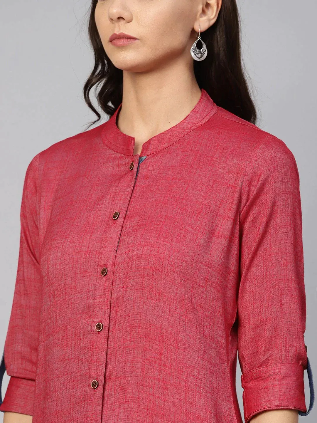 Women Maroon Woven Design Straight Rayon Kurta