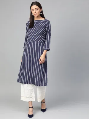 Women Navy Blue & White Striped Straight Kurta