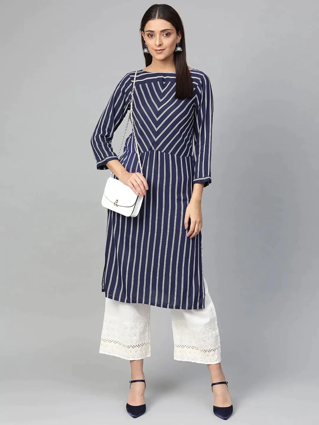 Women Navy Blue & White Striped Straight Kurta