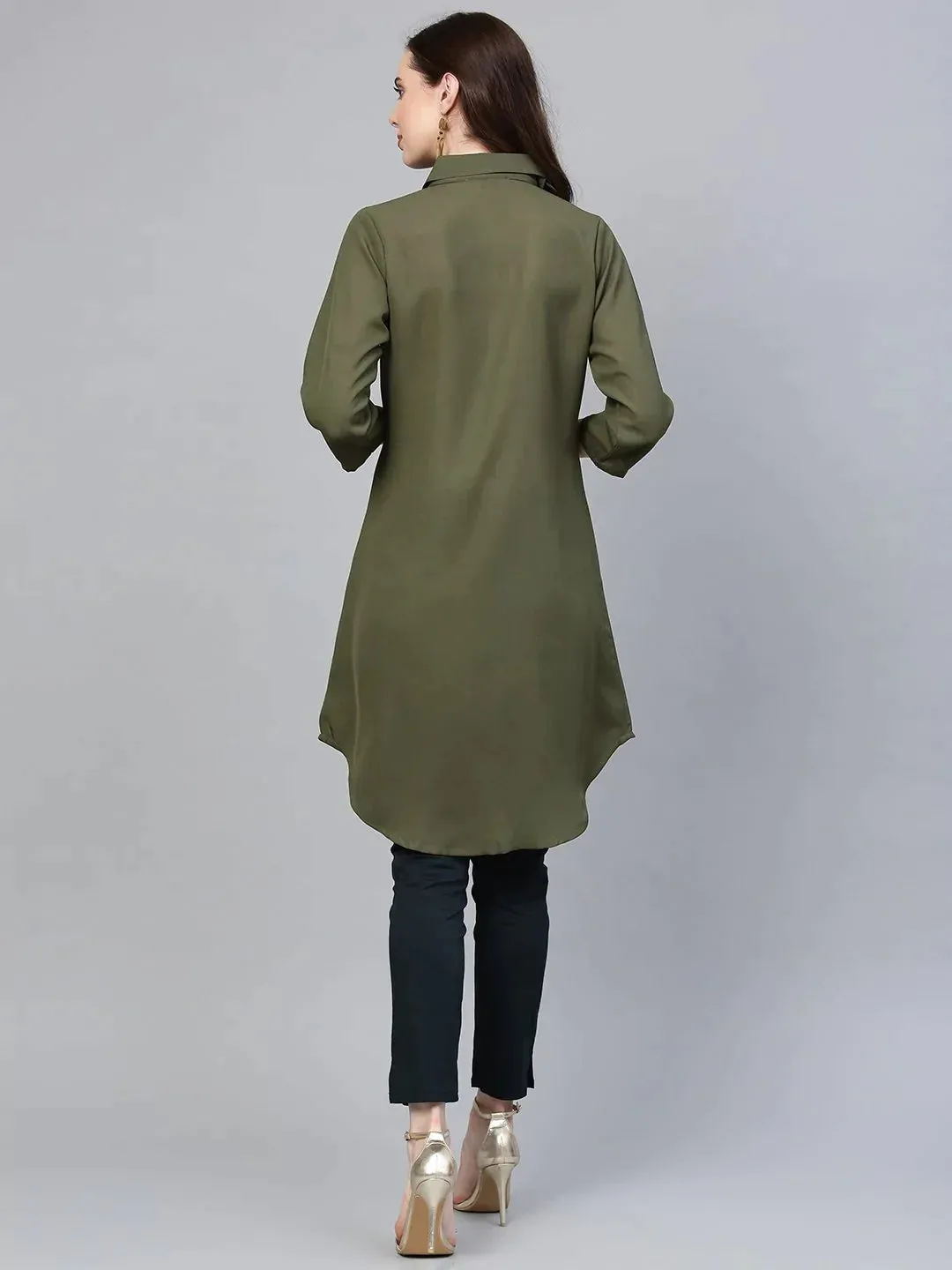 Women Olive Green Solid A-Line Kurta