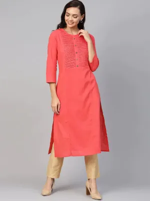 Women Peach Cotton Straight Kurta With Pintucks