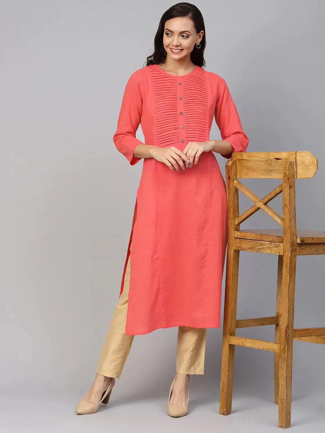 Women Peach Cotton Straight Kurta With Pintucks