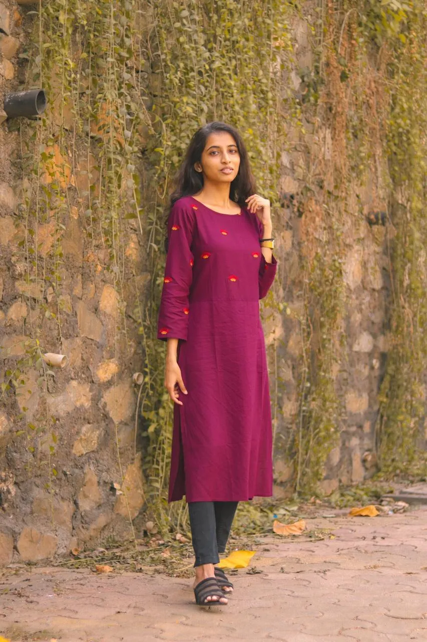 Women Purple Yoke Design Straight Kurta