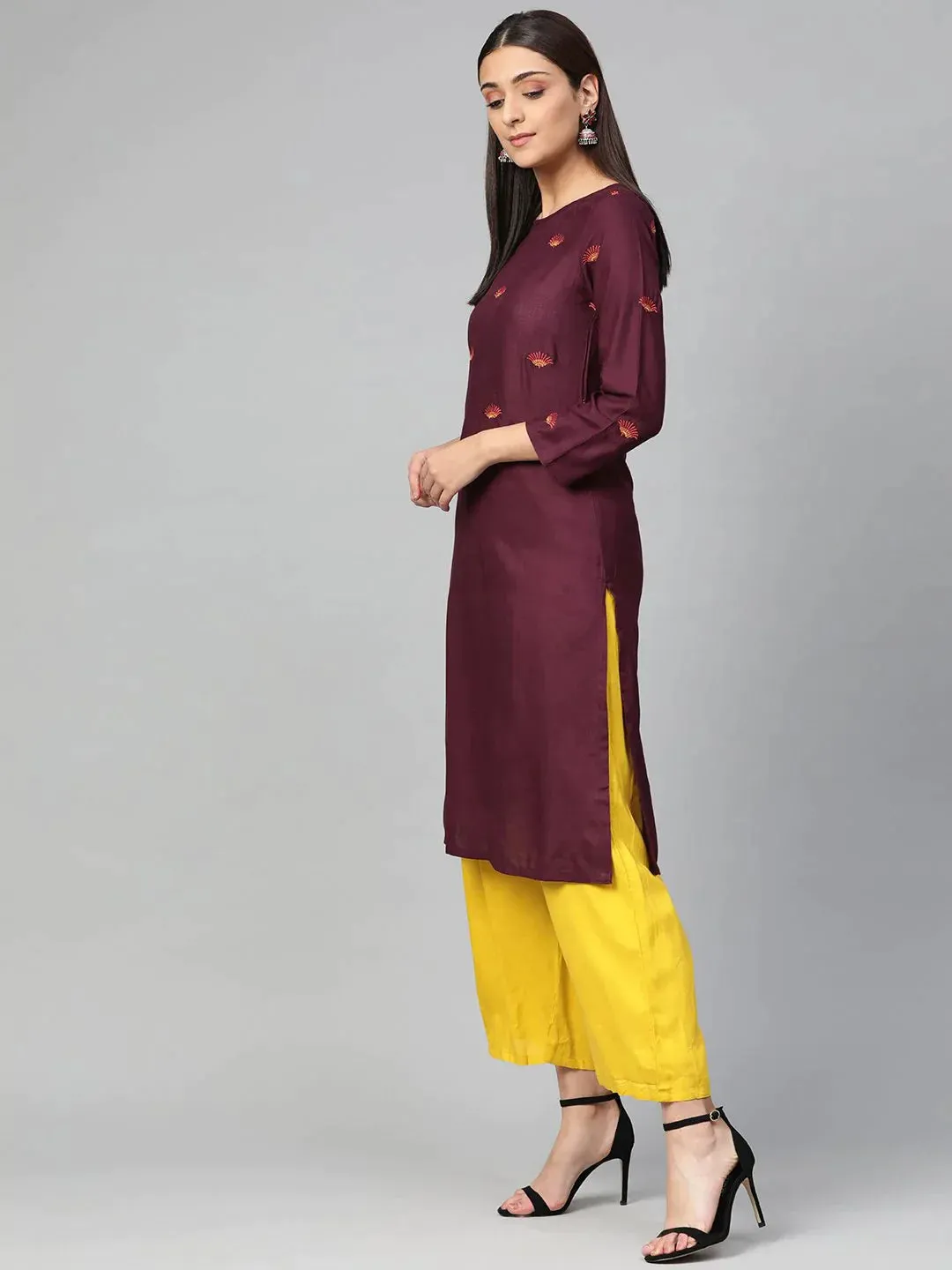 Women Purple Yoke Design Straight Kurta