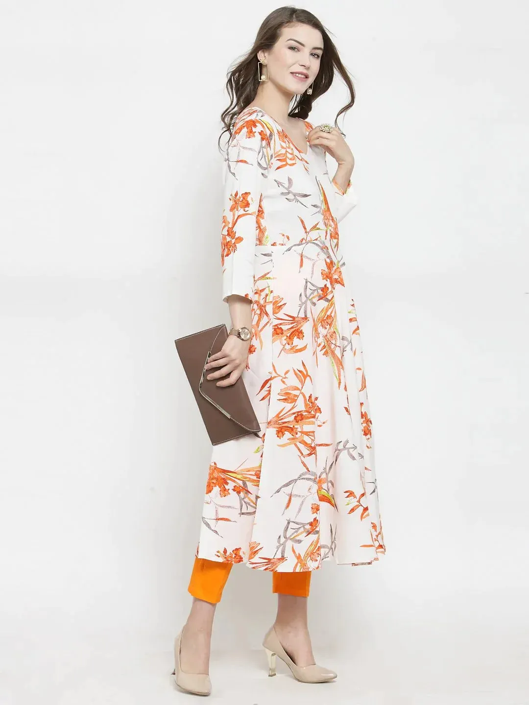 Women White & Orange Floral Printed Rayon Flared Kurta