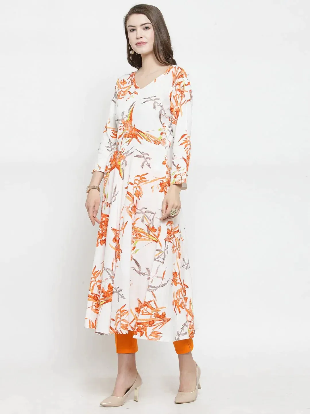 Women White & Orange Floral Printed Rayon Flared Kurta