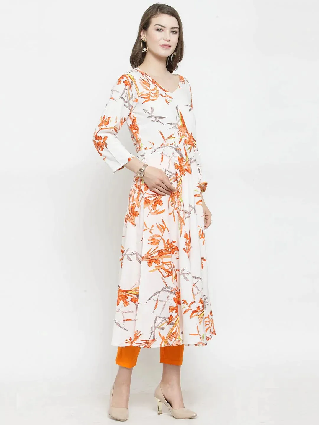 Women White & Orange Floral Printed Rayon Flared Kurta