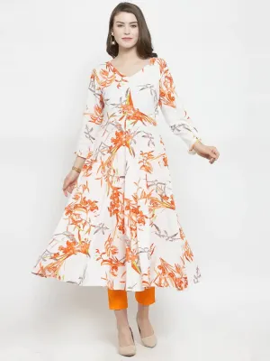 Women White & Orange Floral Printed Rayon Flared Kurta