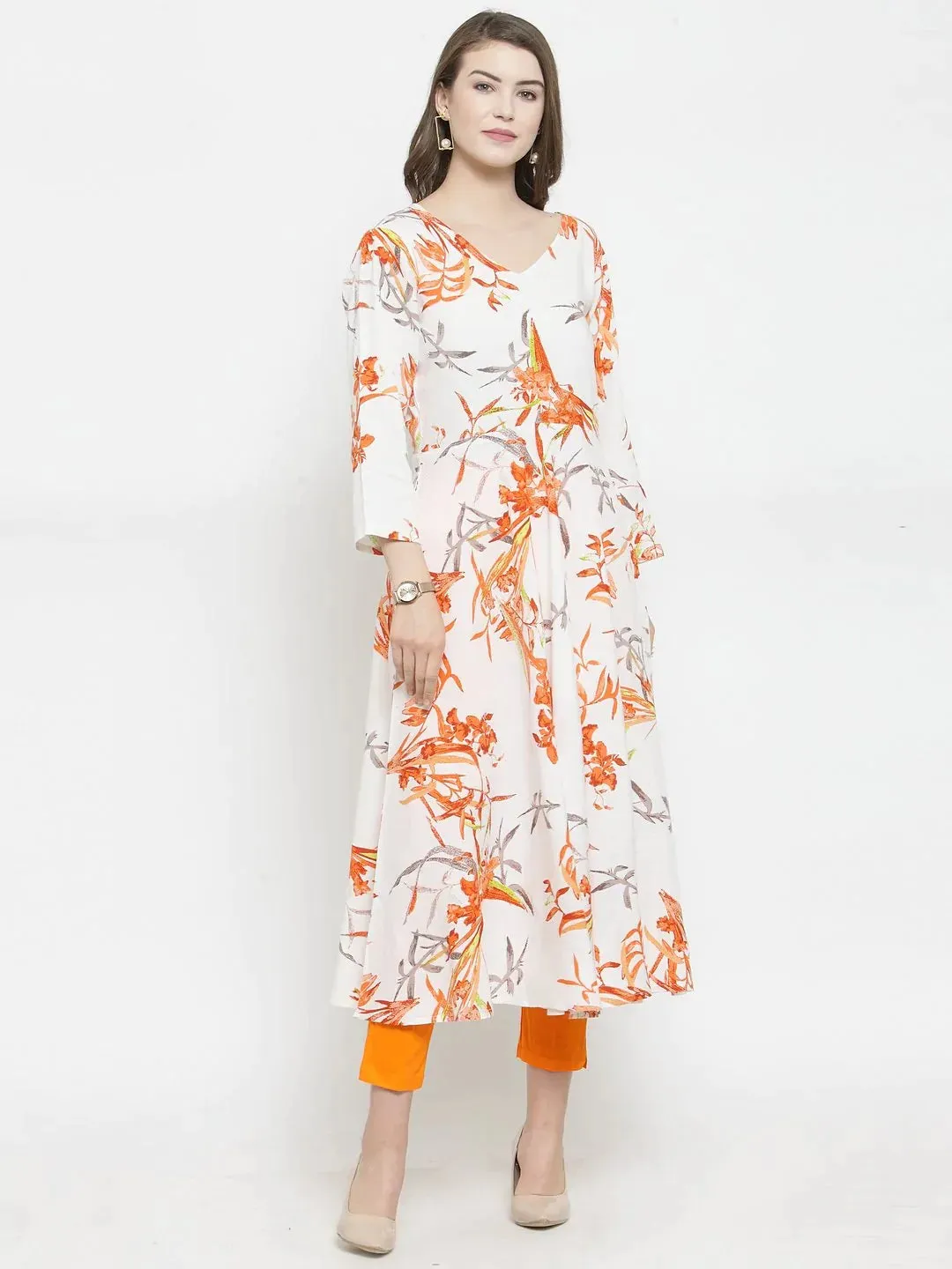 Women White & Orange Floral Printed Rayon Flared Kurta